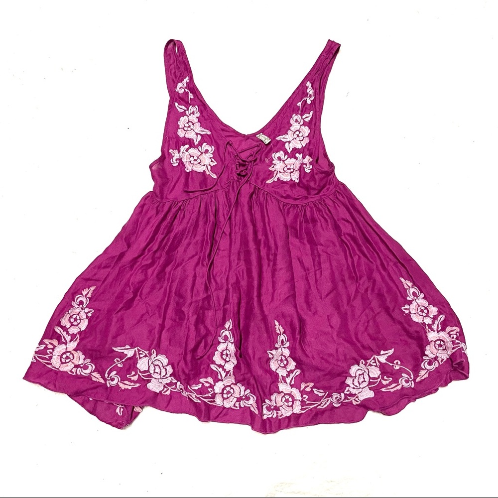 Free People XS Tunic Top Purple Floral Print VNeck Sleeveless Tank Embroidered